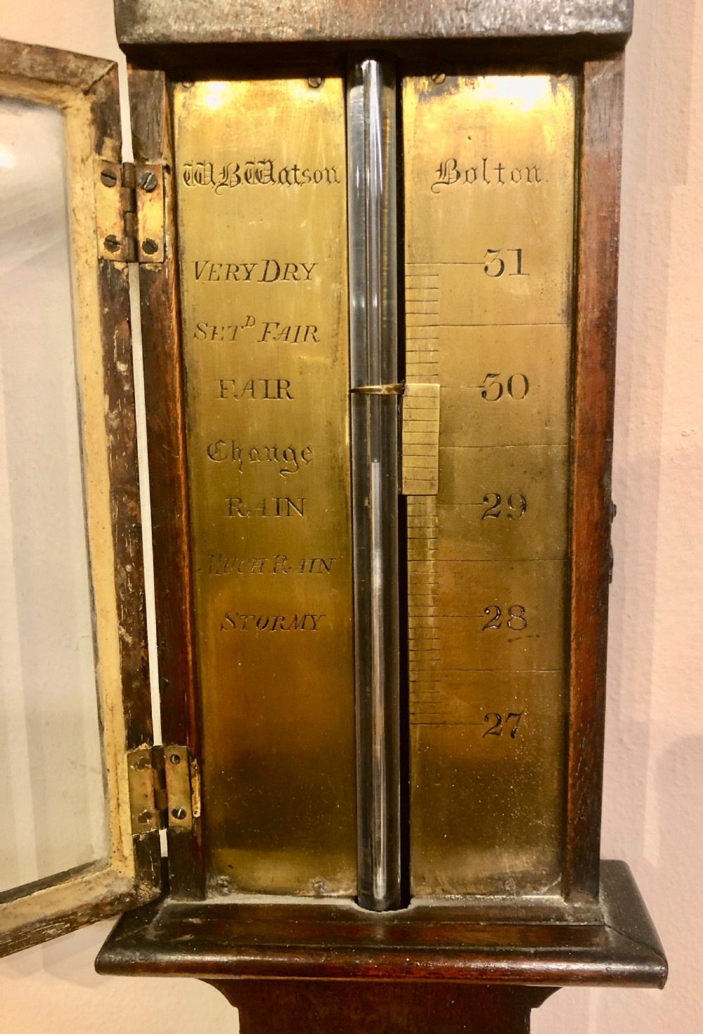 Georgian mahogany stick barometer by W B Watson of Bolton. View IV