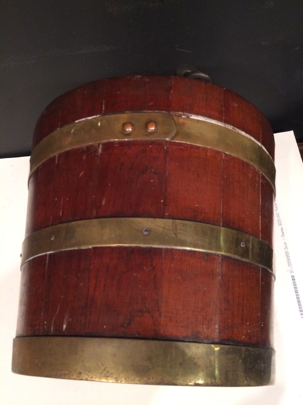 A Victorian mahogany cylindrical bucket featuring polished brass binding hoops, a metal swing handle, and a removable internal liner. View III