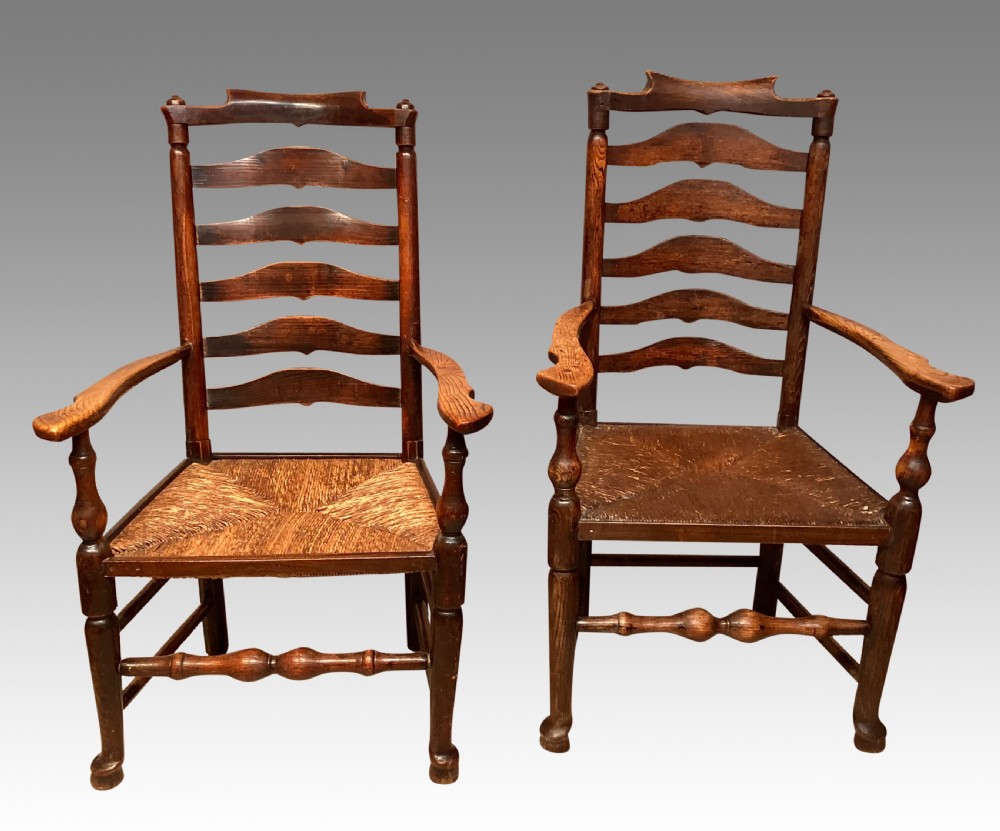 Set of 8 antique Lancashire rush seat chairs. View IV