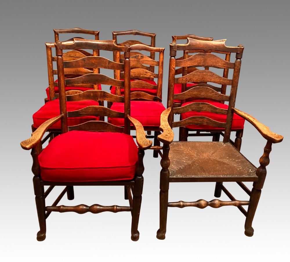 Set of 8 antique Lancashire rush seat chairs. View V