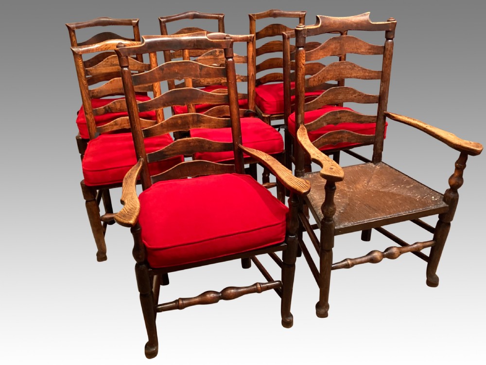 Set of 8 antique Lancashire rush seat chairs. View VI