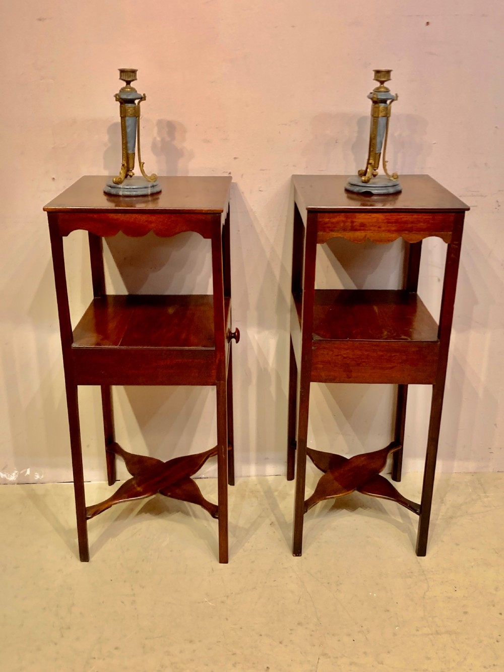 Near pair of Georgian mahogany bedside tables. View II