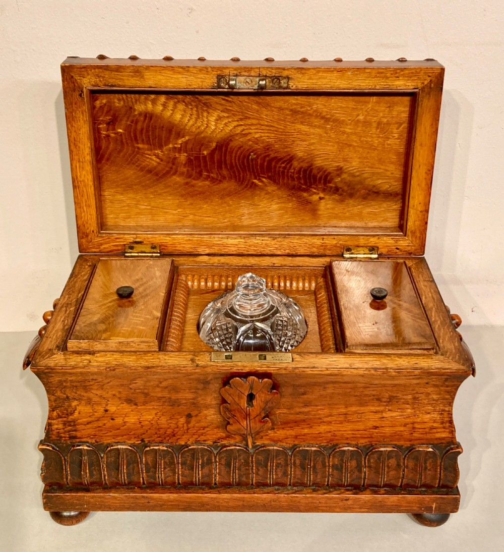 Large Victorian carved oak tea caddy. View III