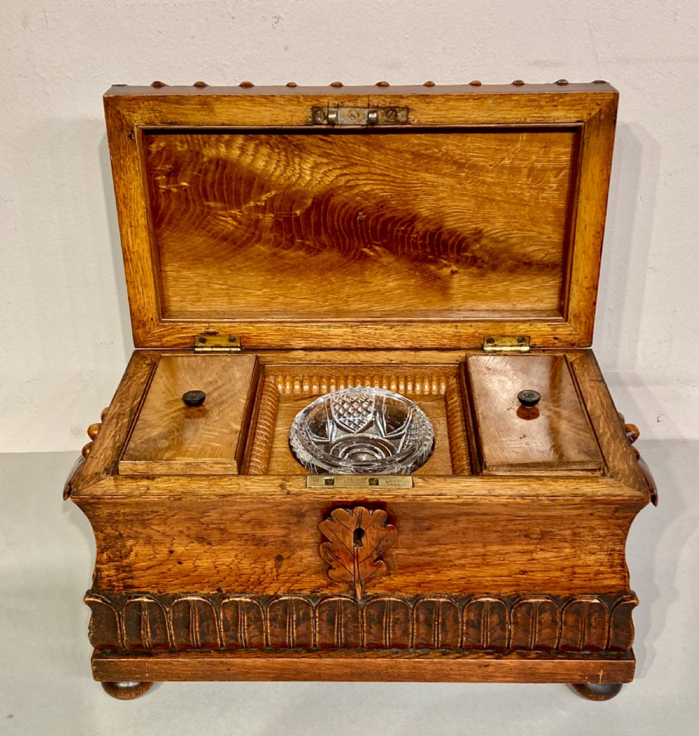 Large Victorian carved oak tea caddy. View IV