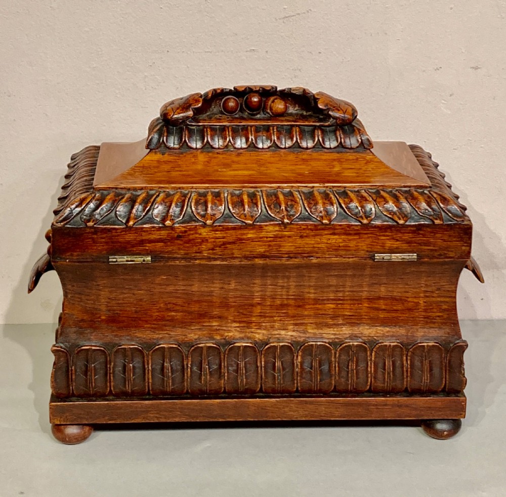 Large Victorian carved oak tea caddy. View VI
