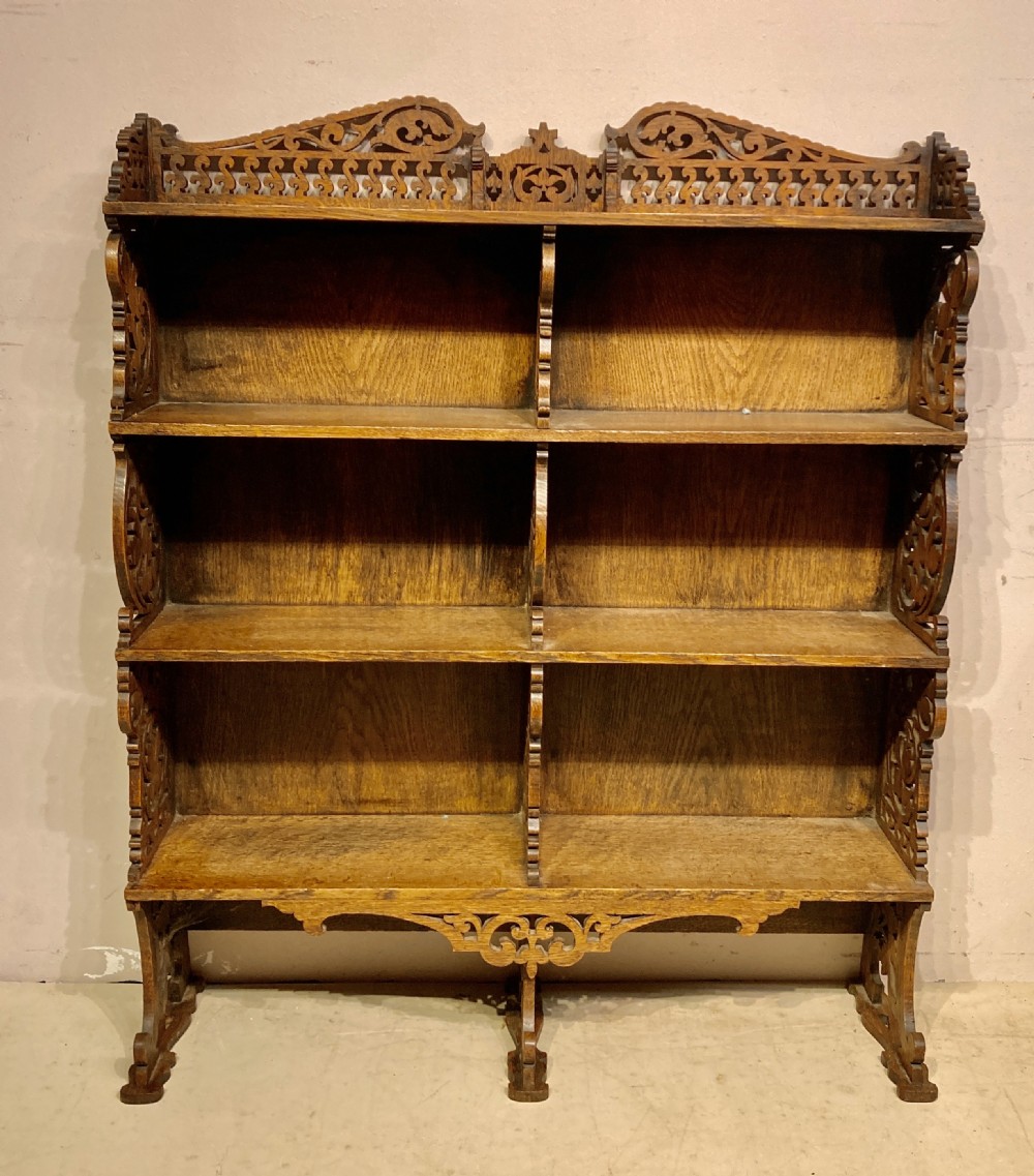 Antique oak waterfall bookcase. View IV
