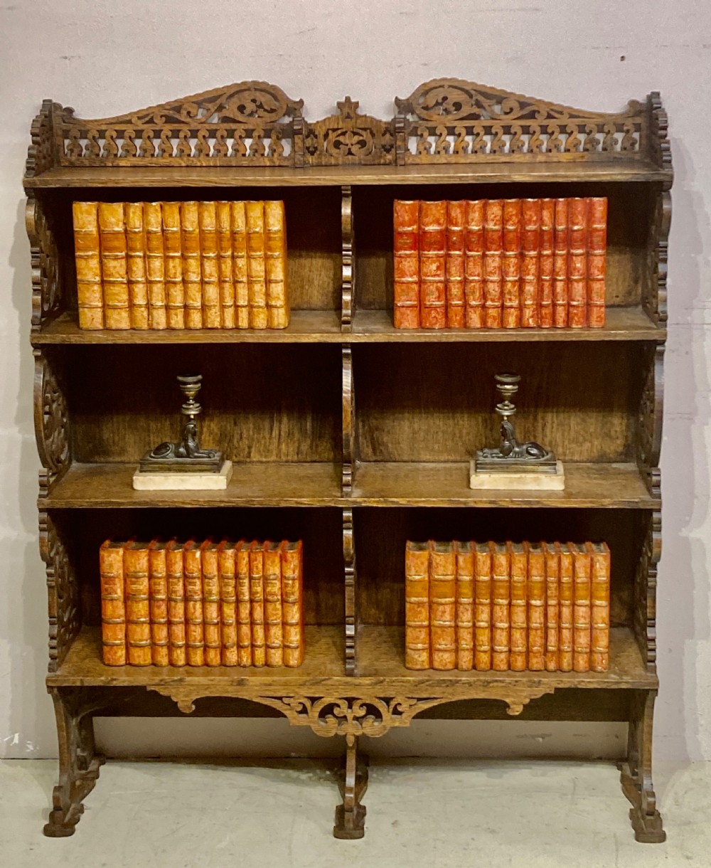Antique oak waterfall bookcase. View VIII
