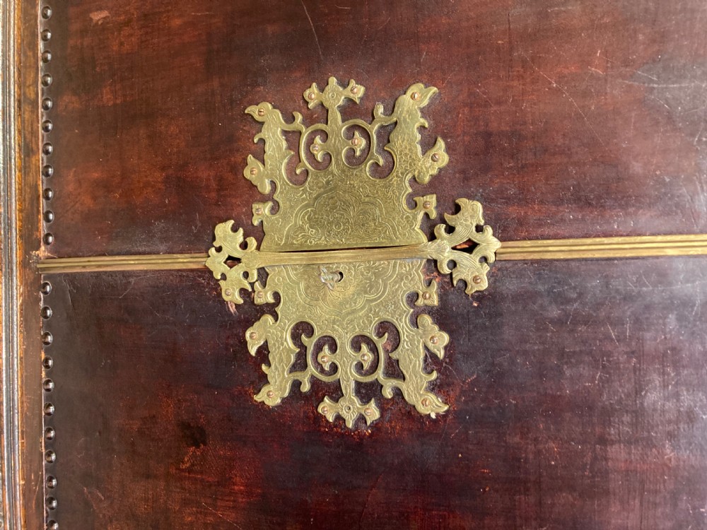 Antique oak leather bound cocktail cabinet. View II