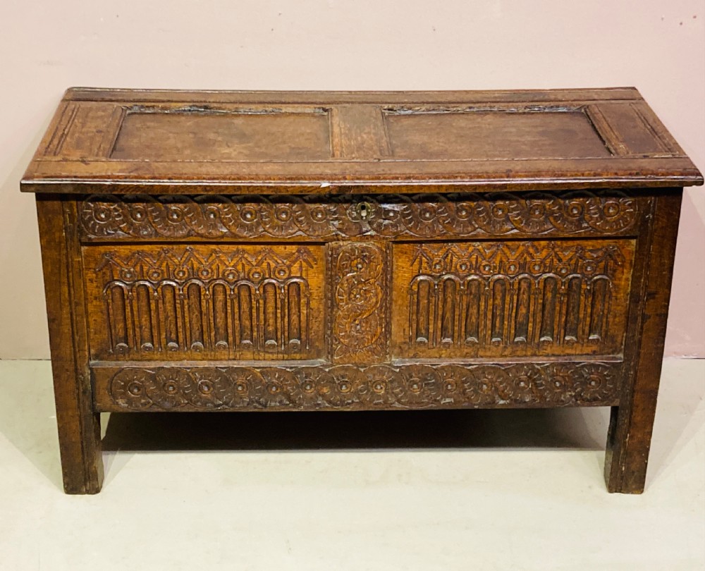 Charles I carved oak coffer. View II