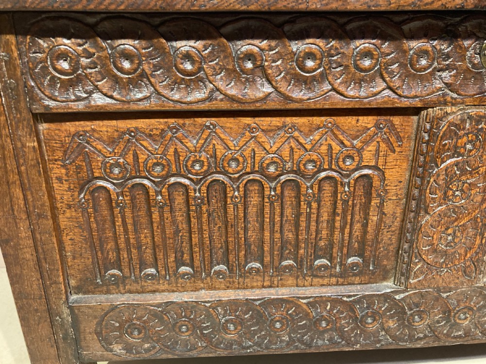 Charles I carved oak coffer. View IX