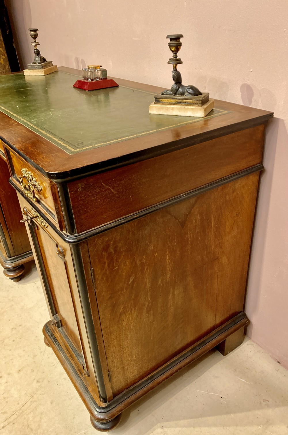 Victorian burr walnut pedestal desk. View IV