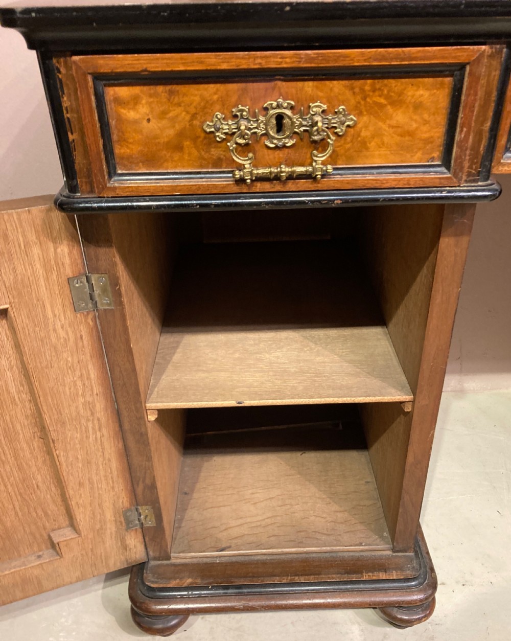 Victorian burr walnut pedestal desk. View IX
