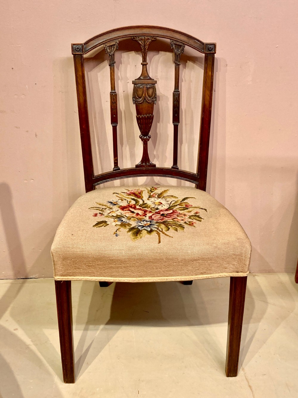 Set of 6 carved Hepplewhite mahogany dining chairs. View VI