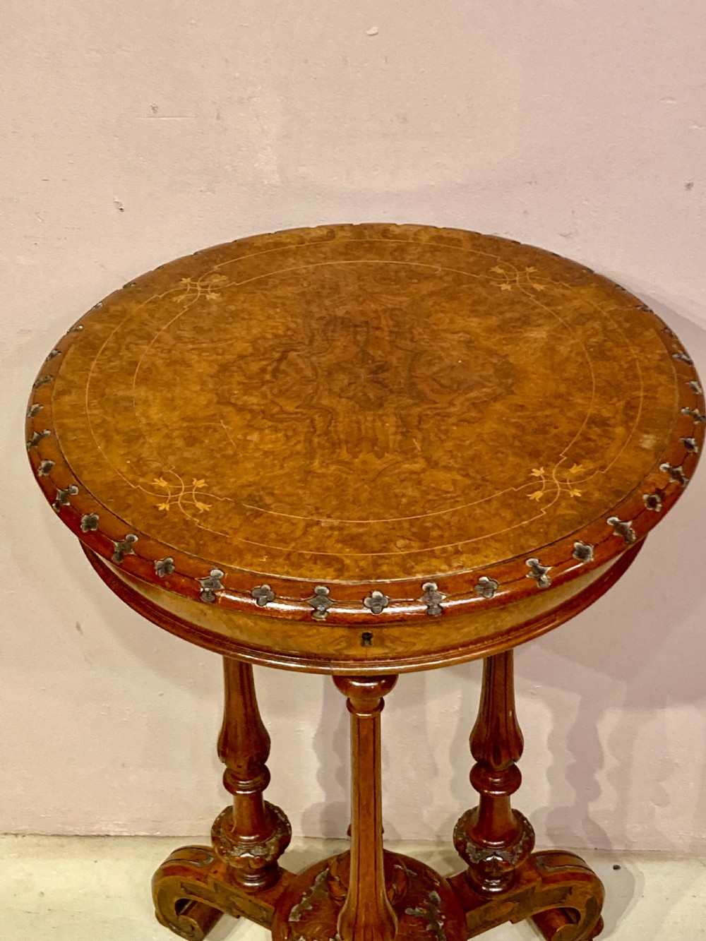 Victorian circular burr walnut sewing table. View II