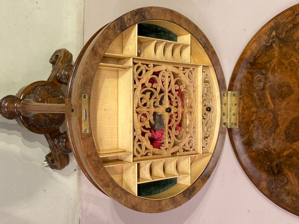 Victorian circular burr walnut sewing table. View IV