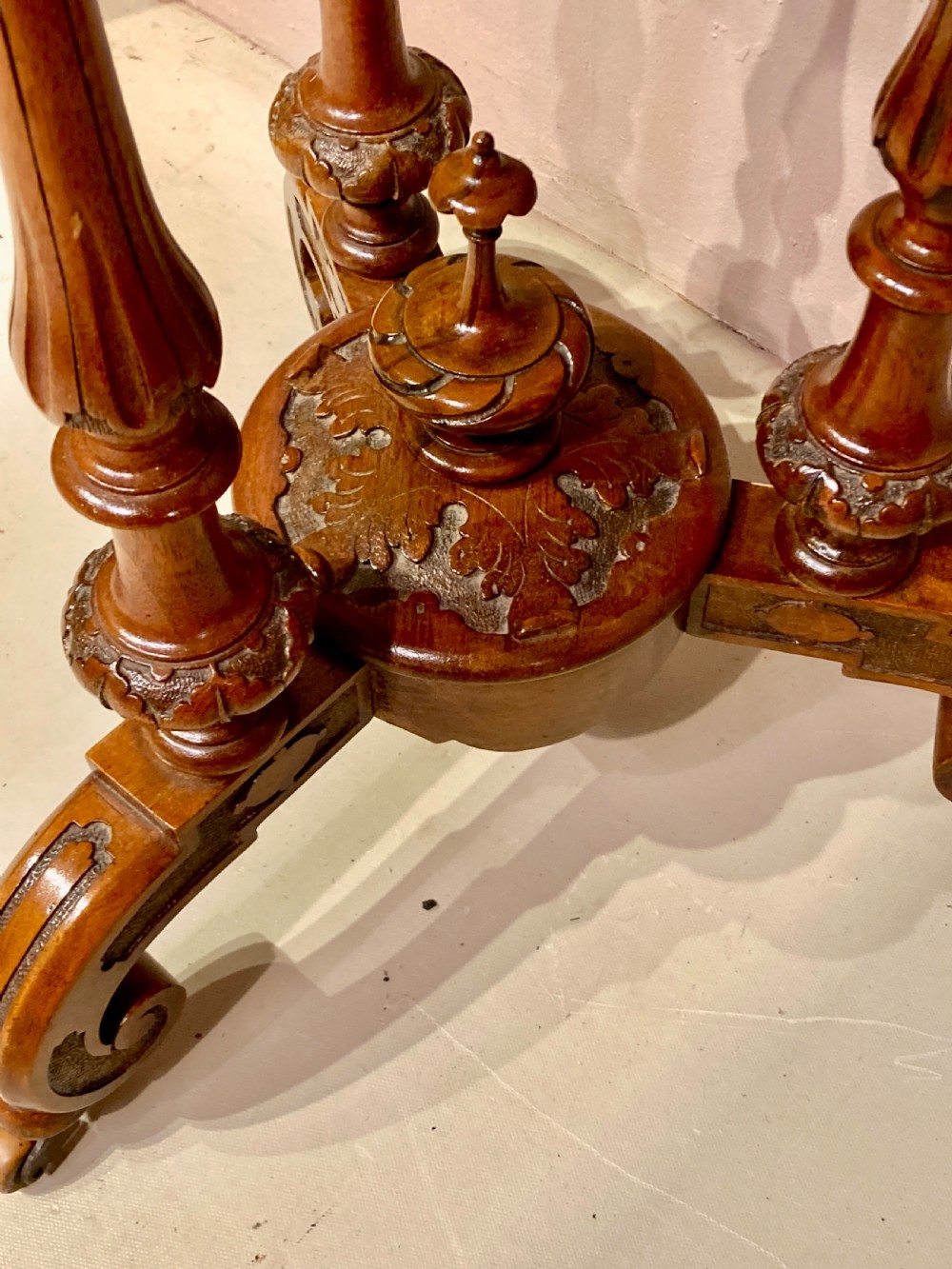 Victorian circular burr walnut sewing table. View V