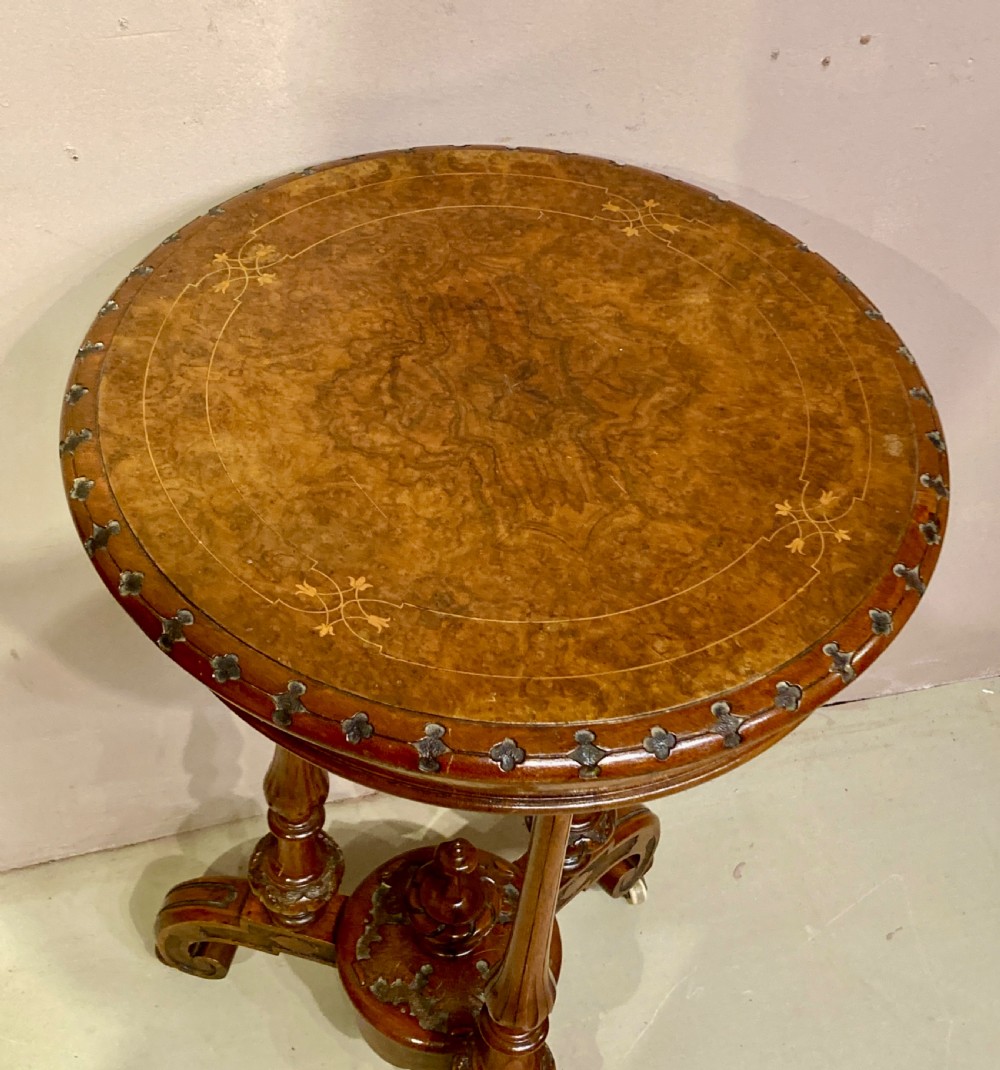 Victorian circular burr walnut sewing table. View VI