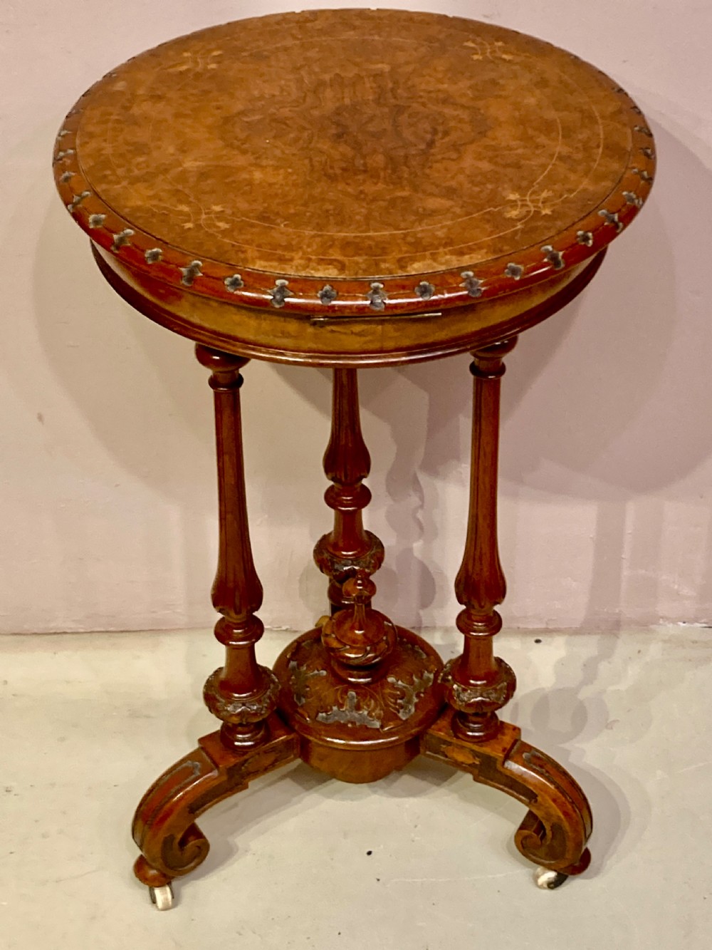 Victorian circular burr walnut sewing table. View VII