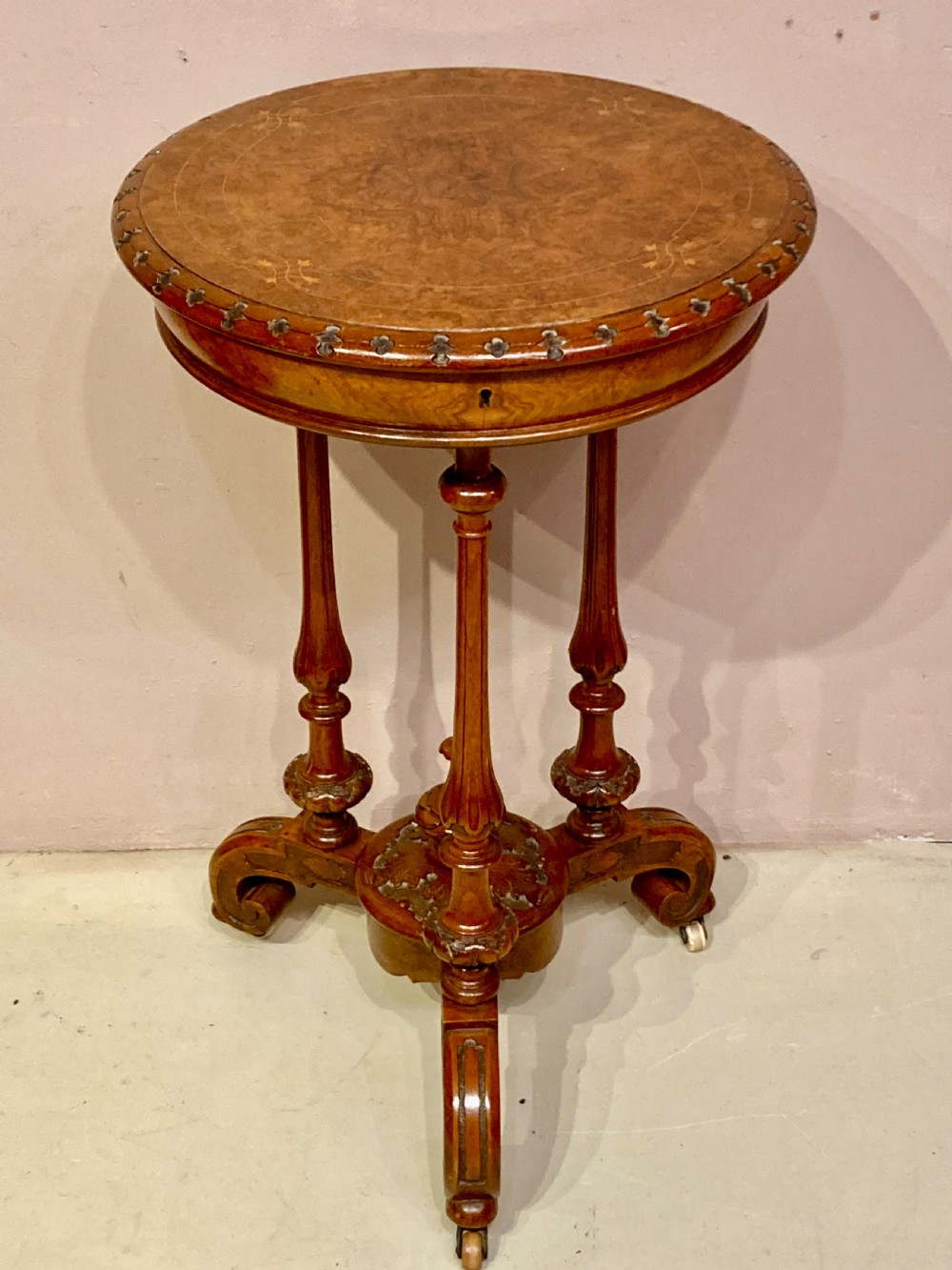 Victorian circular burr walnut sewing table. View VIII