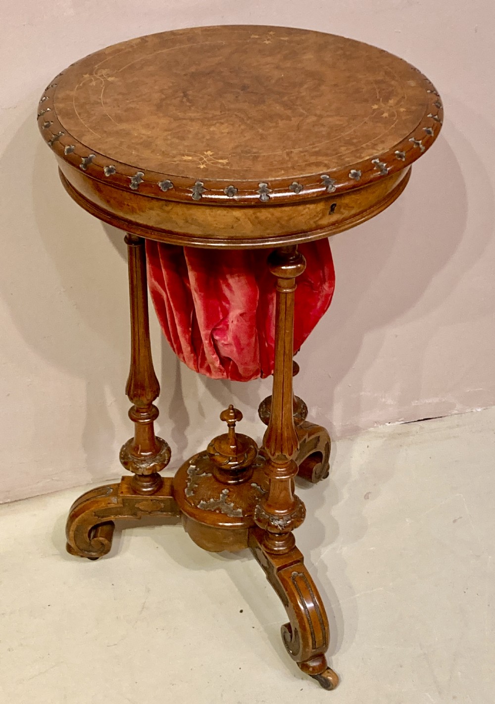 Victorian circular burr walnut sewing table. View IX