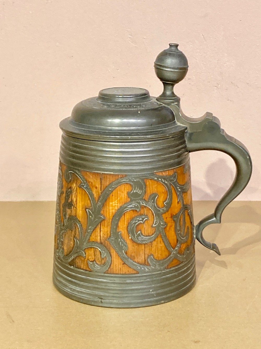 Swedish  commemorative oak and pewter Daubenkrug tankard.