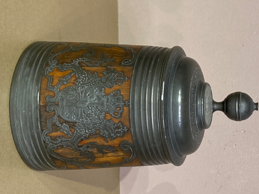Swedish  commemorative oak and pewter Daubenkrug tankard. View III