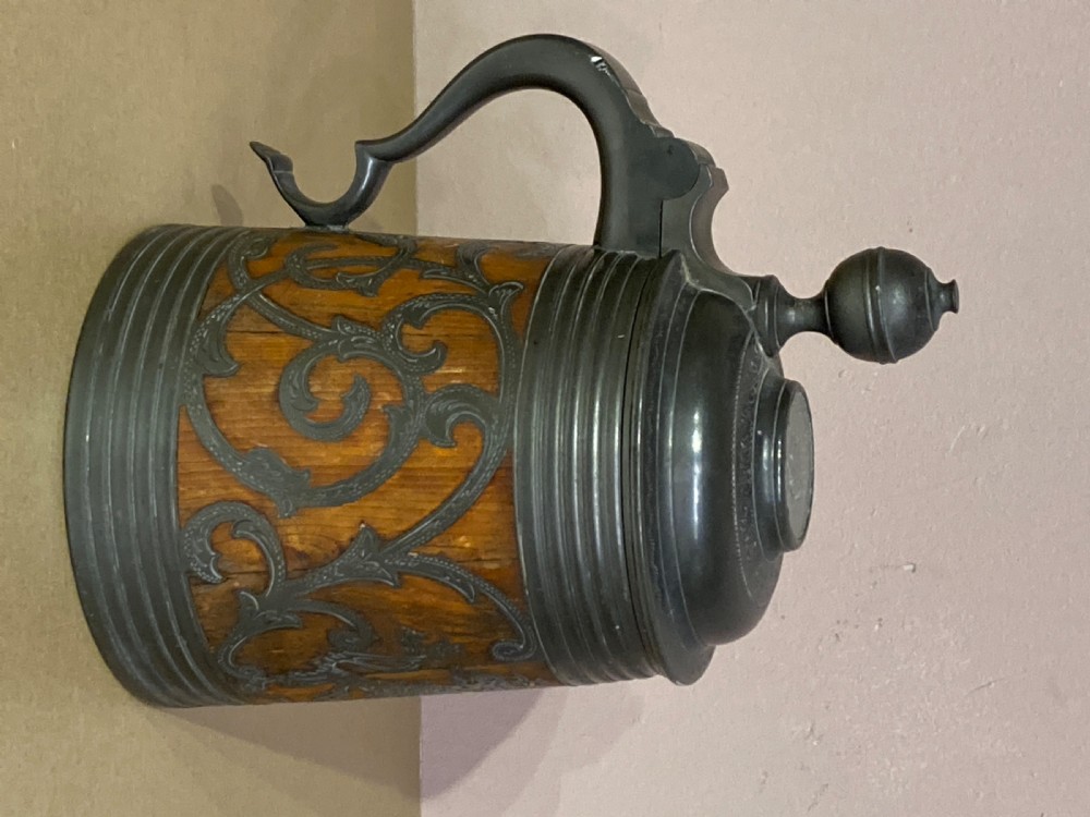 Swedish  commemorative oak and pewter Daubenkrug tankard. View V