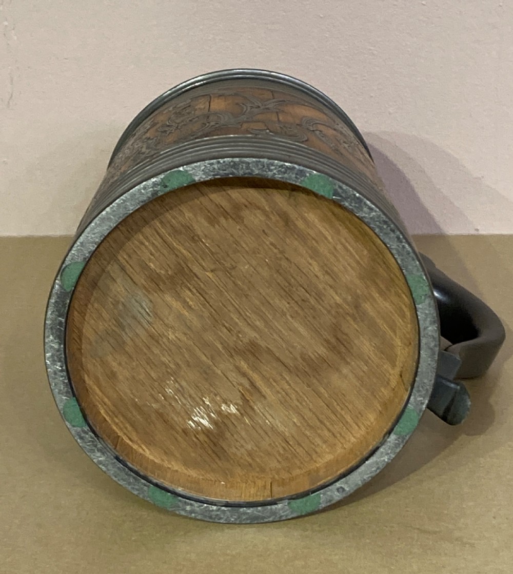 Swedish  commemorative oak and pewter Daubenkrug tankard. View IX