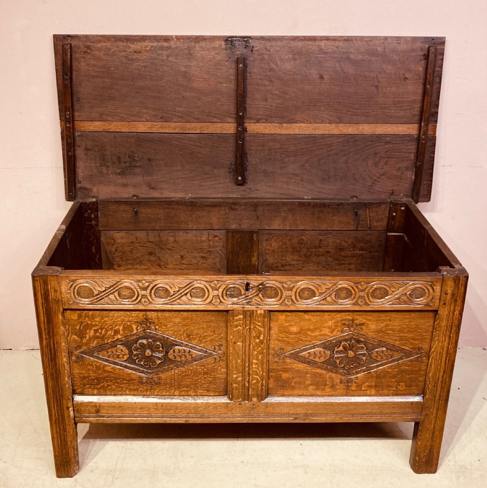 17th century carved oak coffer. View II