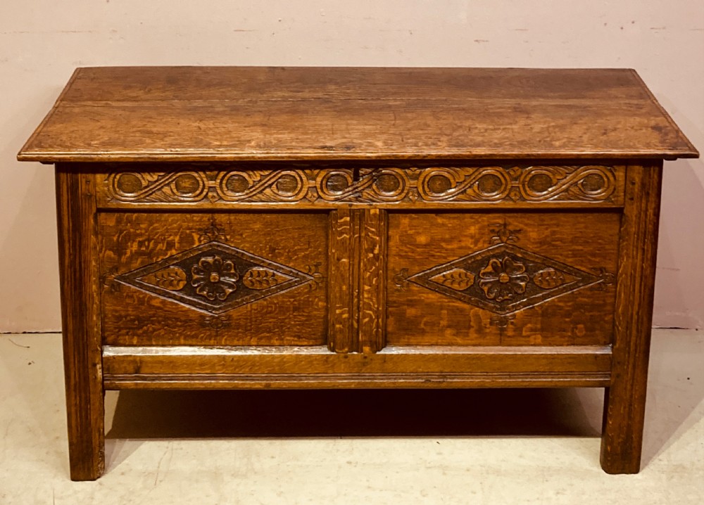 17th century carved oak coffer. View IX