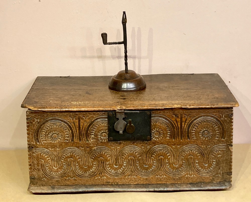 A 17th century oak six plank box.  View VIII