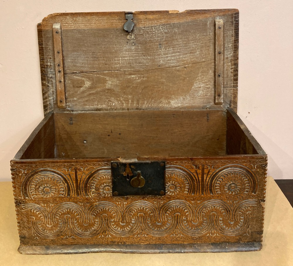 A 17th century oak six plank box.  View X