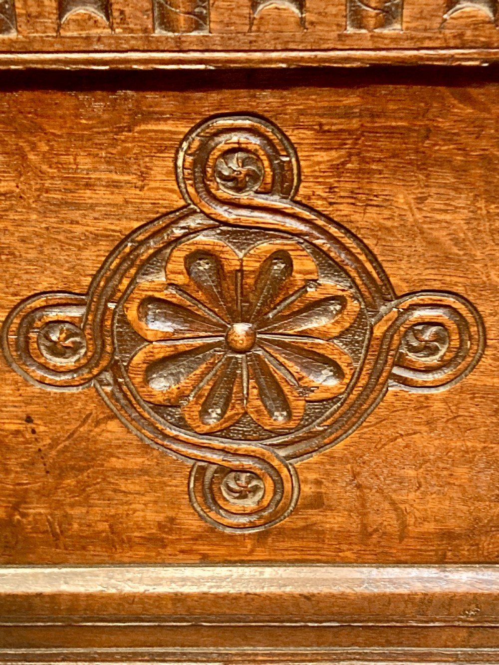 Charles I carved oak coffer. View II