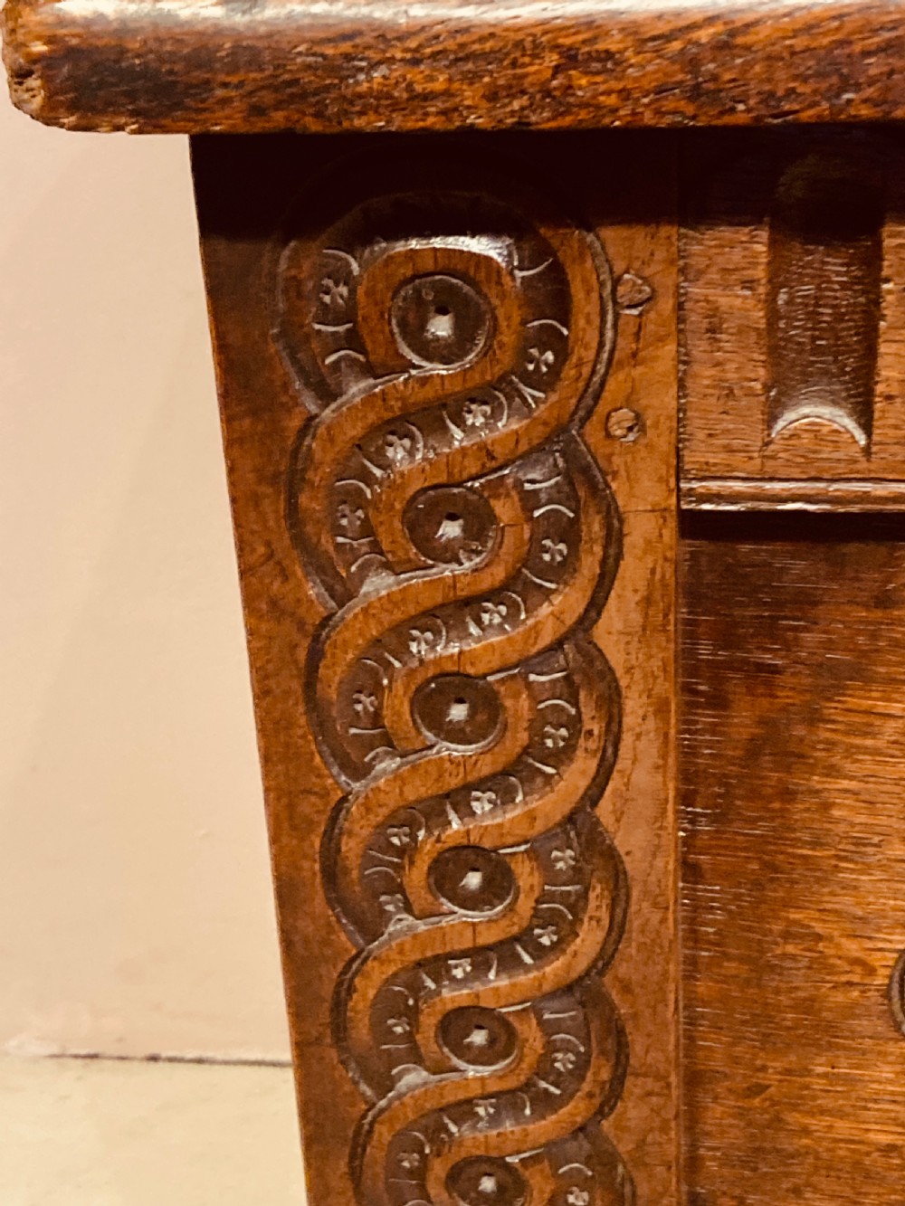 Charles I carved oak coffer. View III