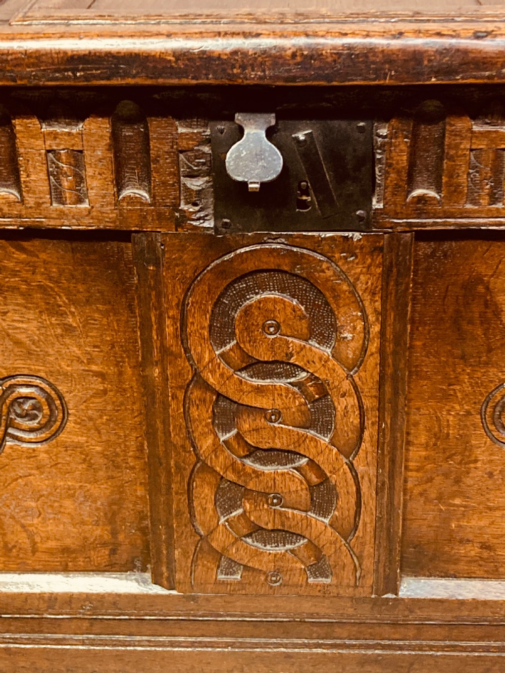 Charles I carved oak coffer. View IV