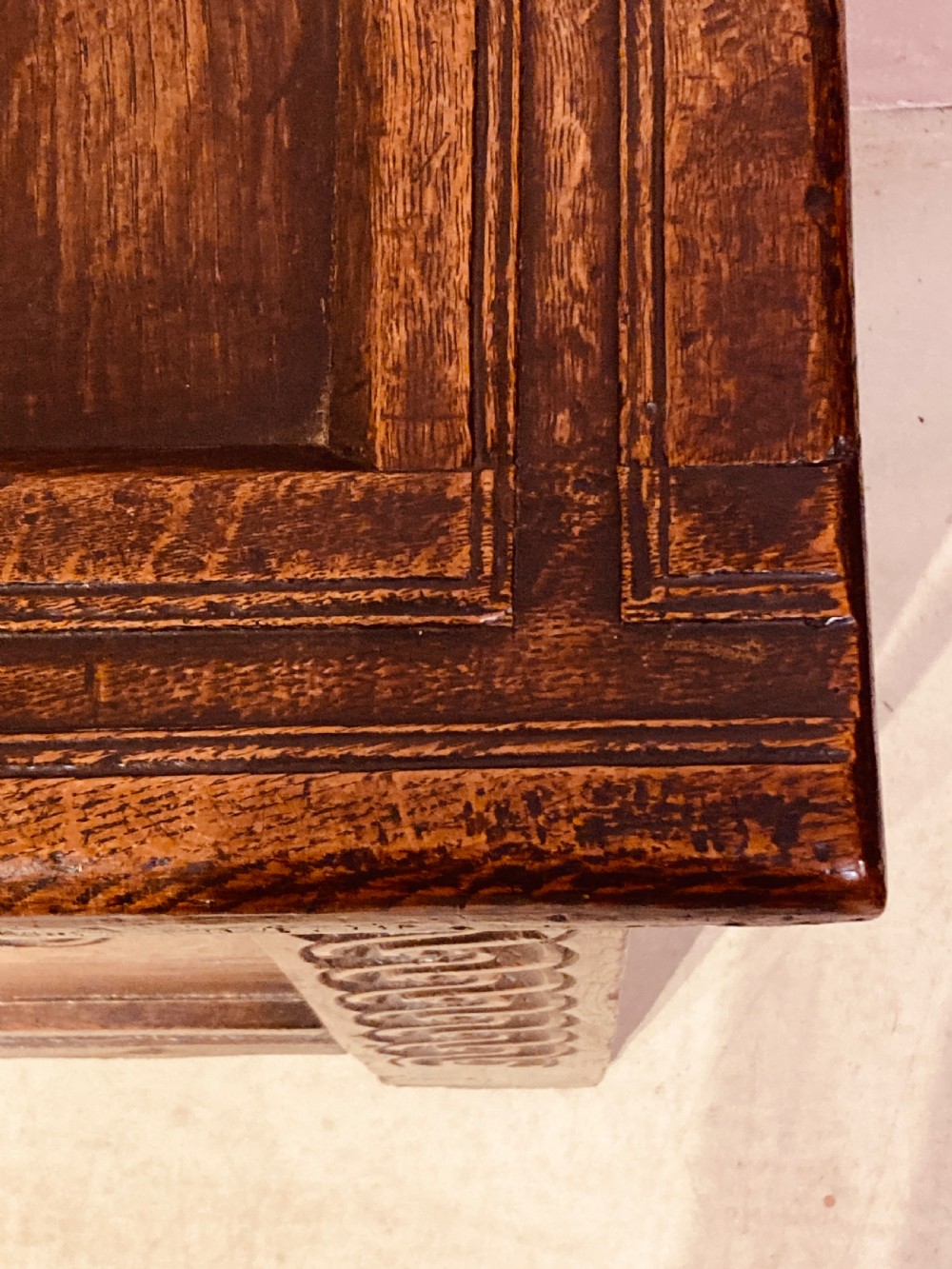 Charles I carved oak coffer. View V