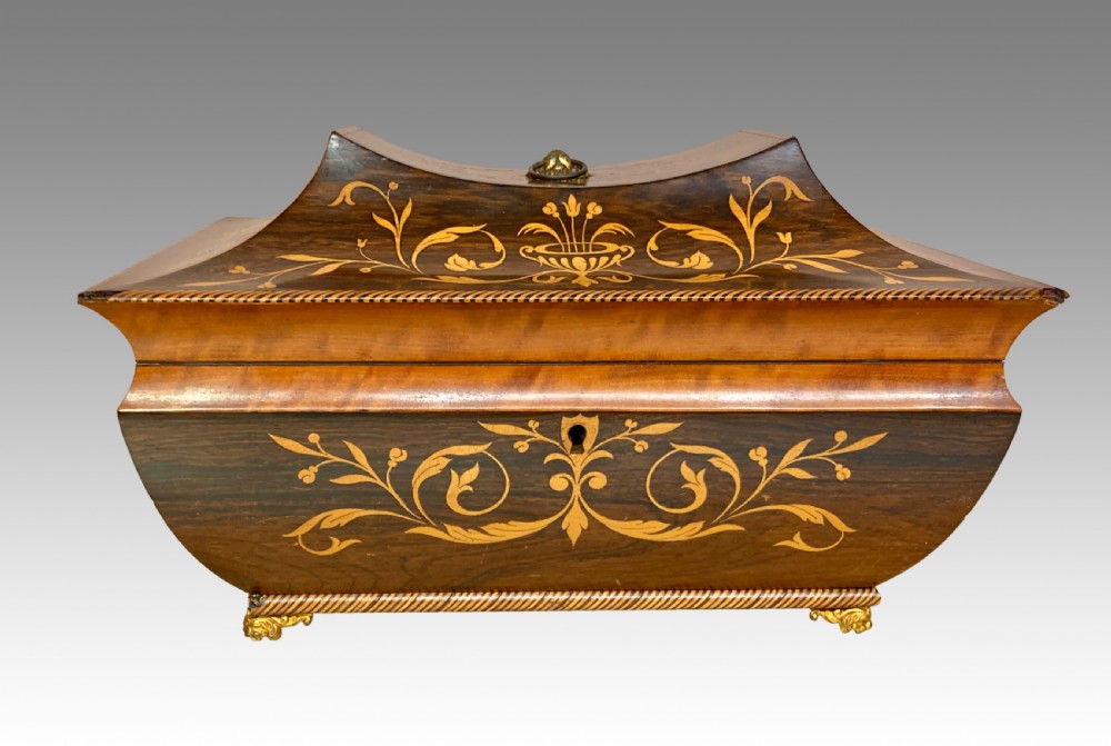 Antique rosewood and marquetry jewellery or sewing box.