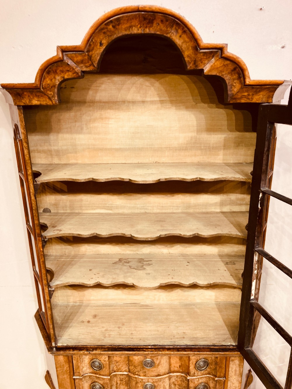 Small antique burr walnut cabinet on stand. View III