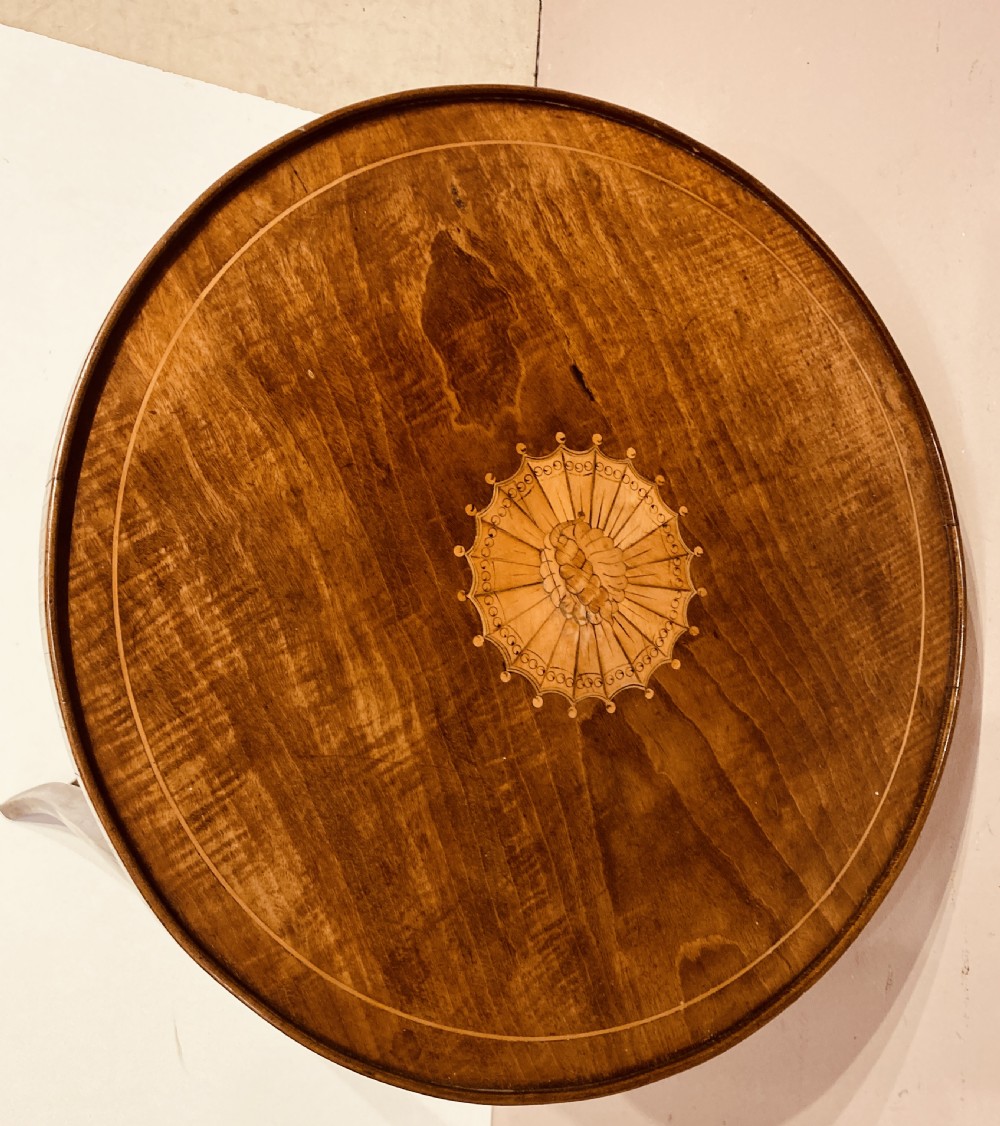 Antique circular inlaid mahogany lamp table. View IV