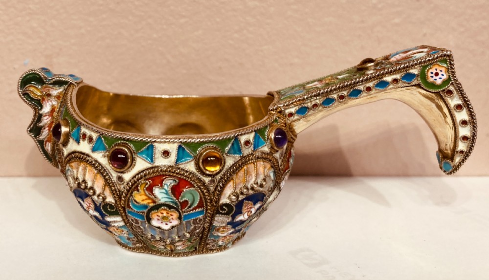 Russian silver gilt and enamel kovsch.
