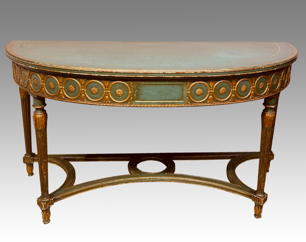 Antique painted and parcel gilt demi-lune console table. View IV