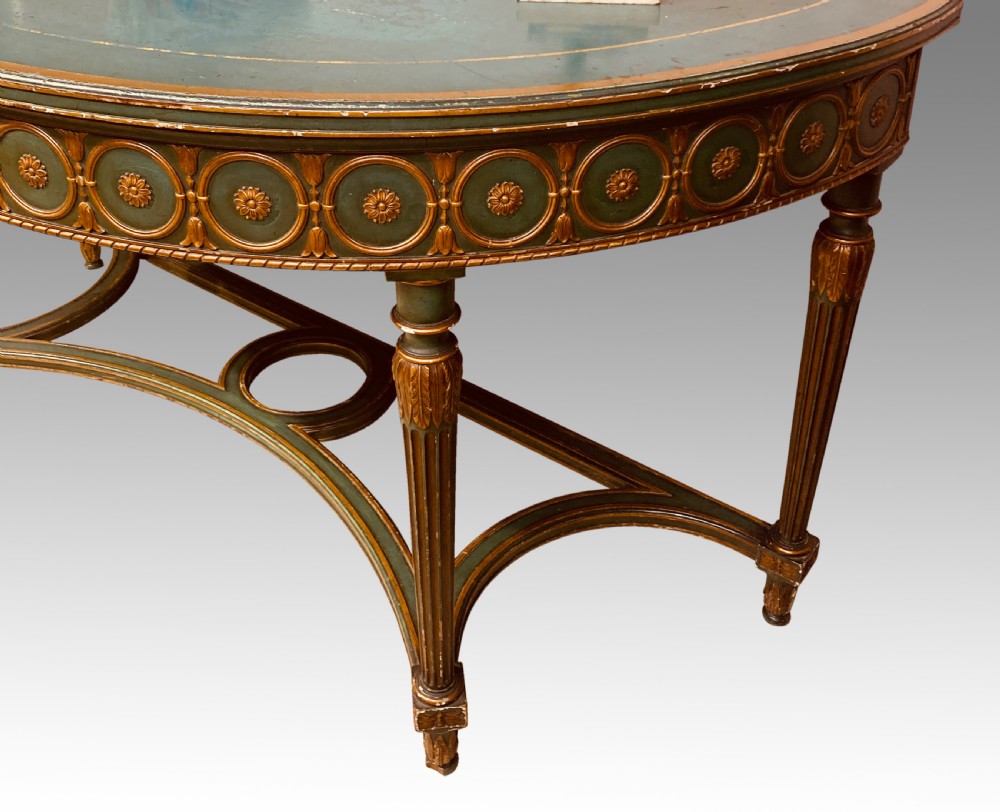 Antique painted and parcel gilt demi-lune console table. View V