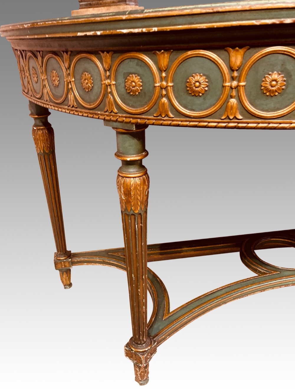 Antique painted and parcel gilt demi-lune console table. View VI
