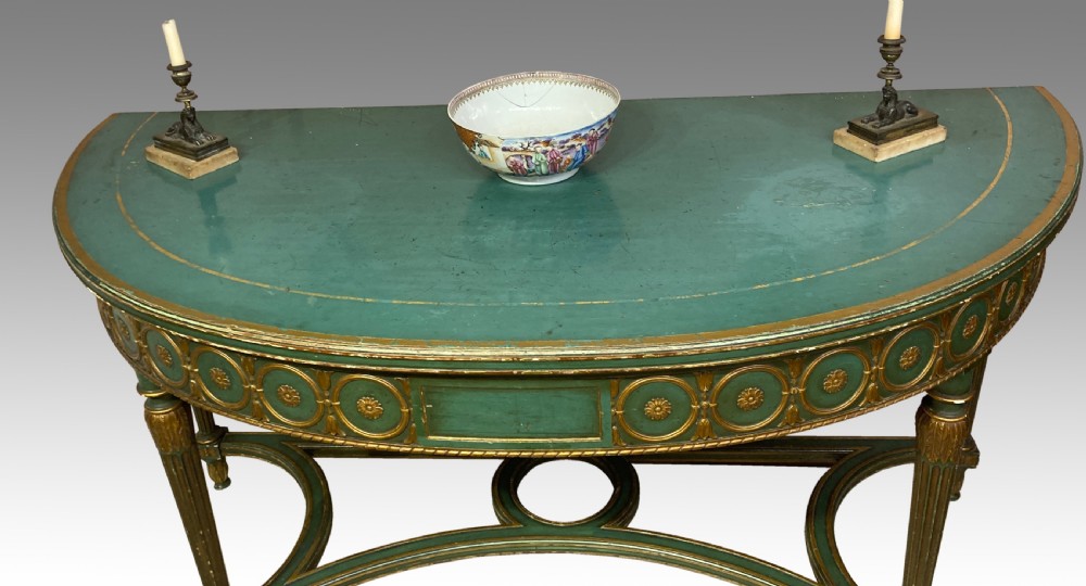Antique painted and parcel gilt demi-lune console table. View VII