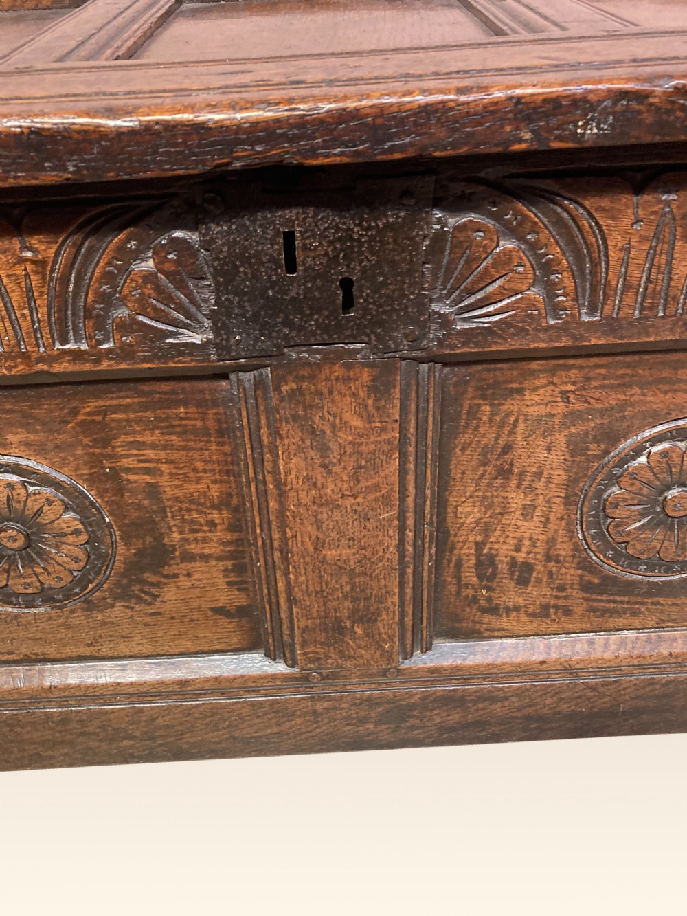 Small Charles I oak coffer.  View III