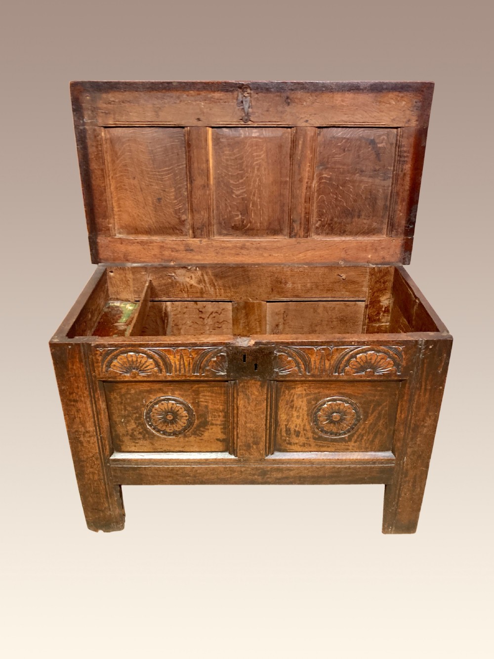 Small Charles I oak coffer.  View IX