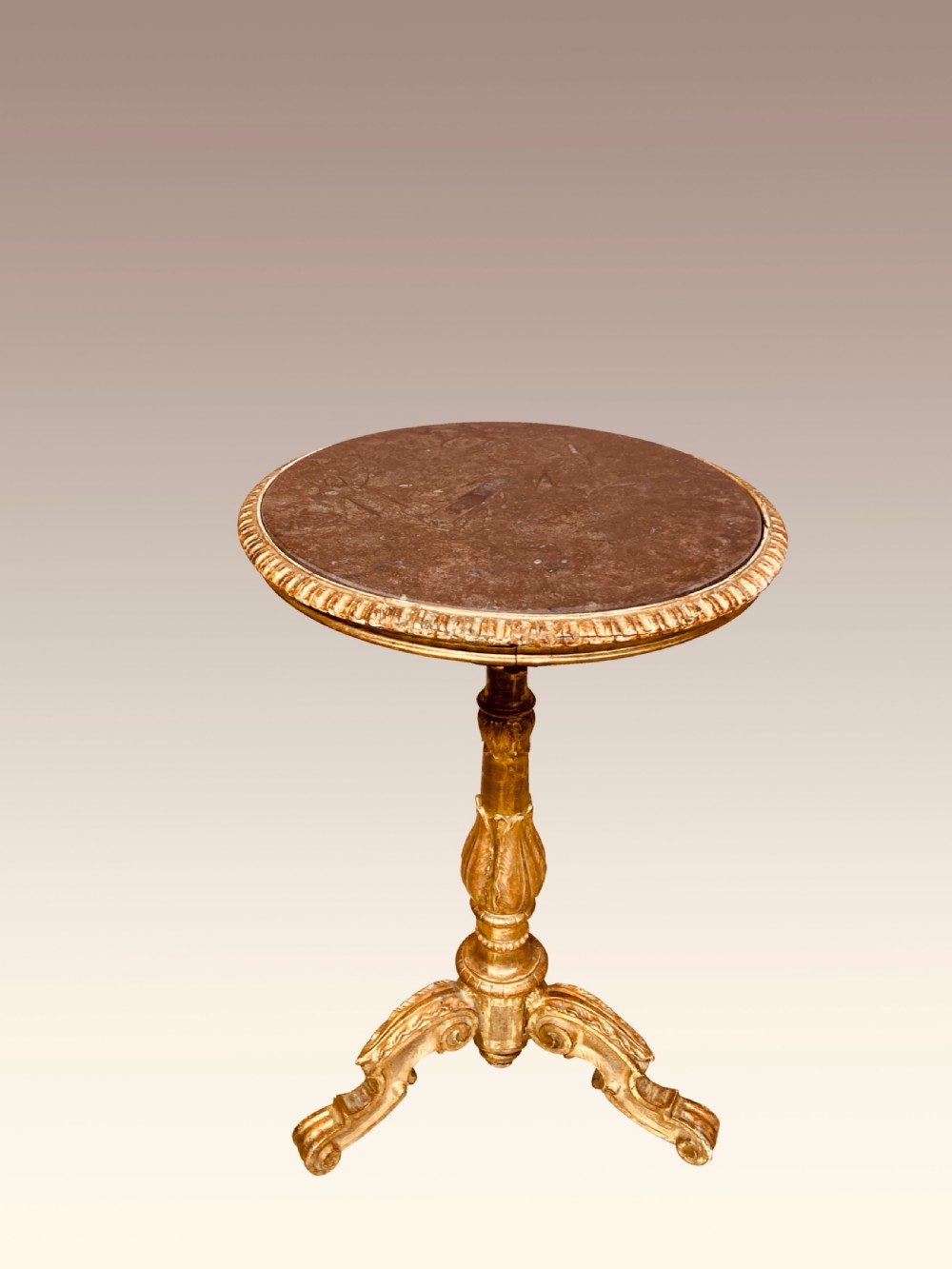 Circular carved giltwood lamp table with marble top. View V