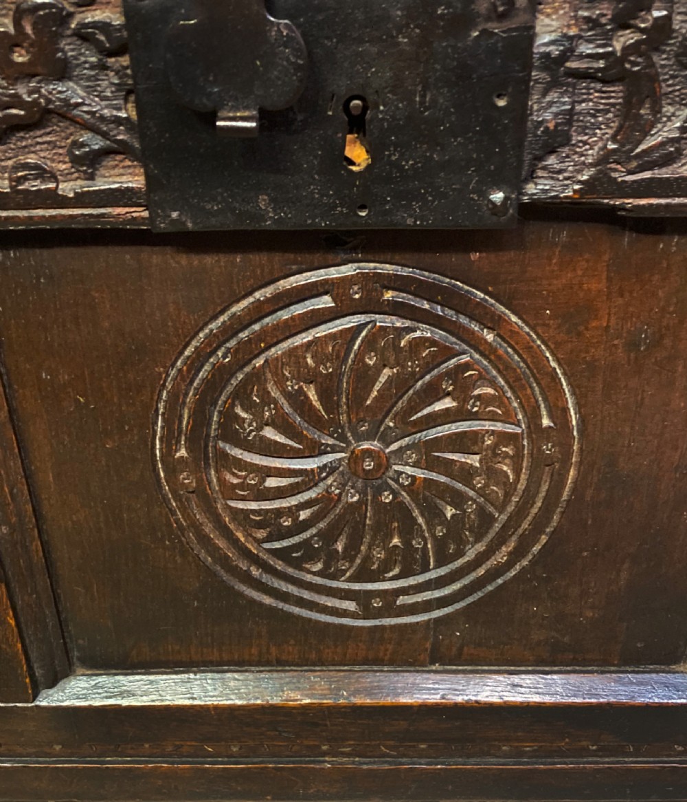 Charles II carved oak coffer. View VII