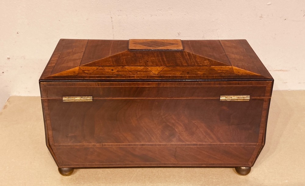 Regency inlaid mahogany tea caddy. View IV