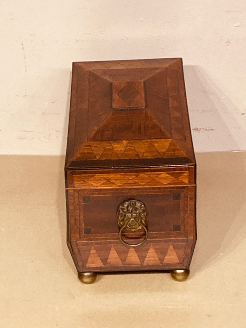 Regency inlaid mahogany tea caddy. View V